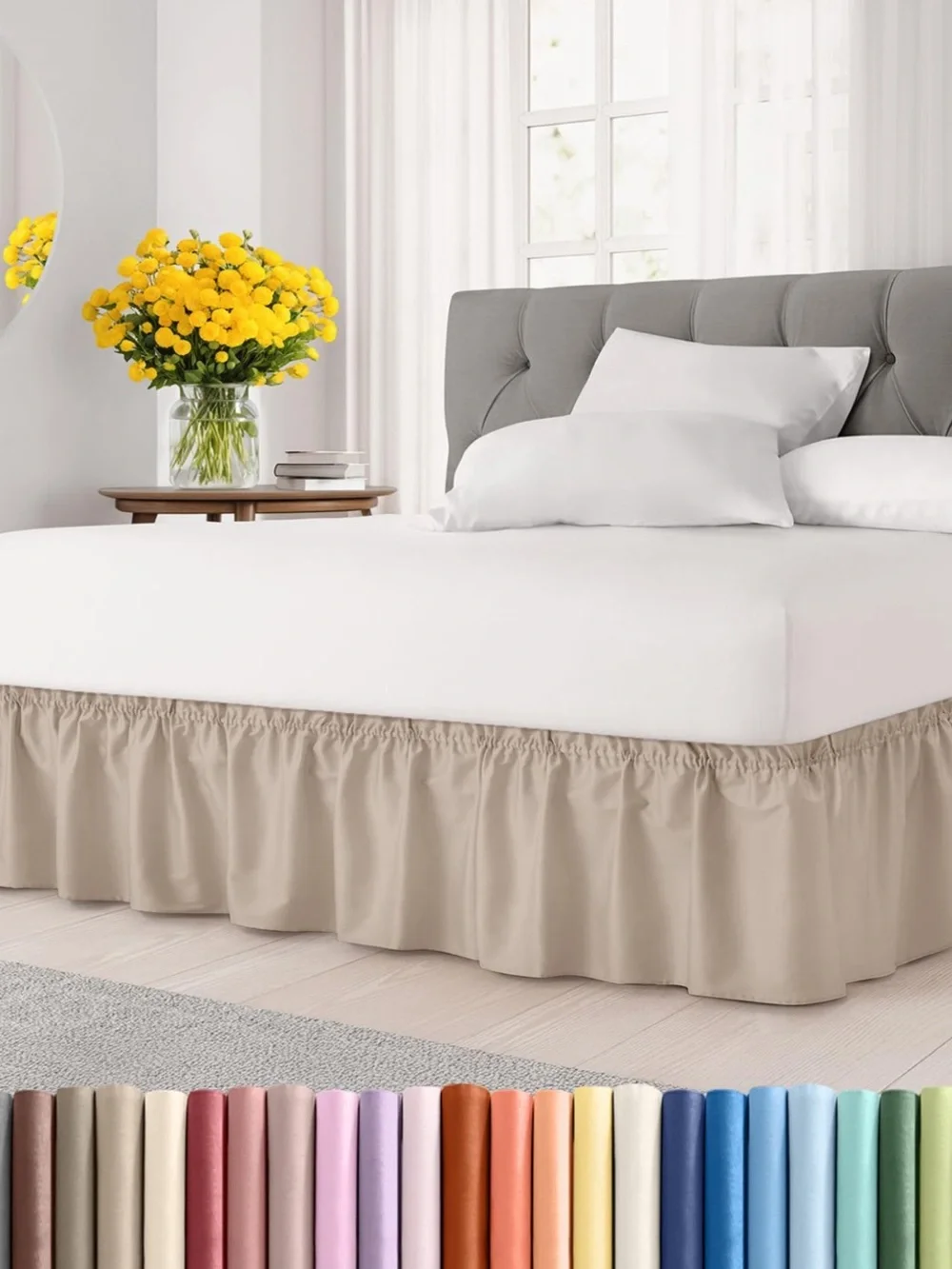 Queen Size Wrap Around Bed Skirt Dust Ruffle 15” Drop - WHEAT